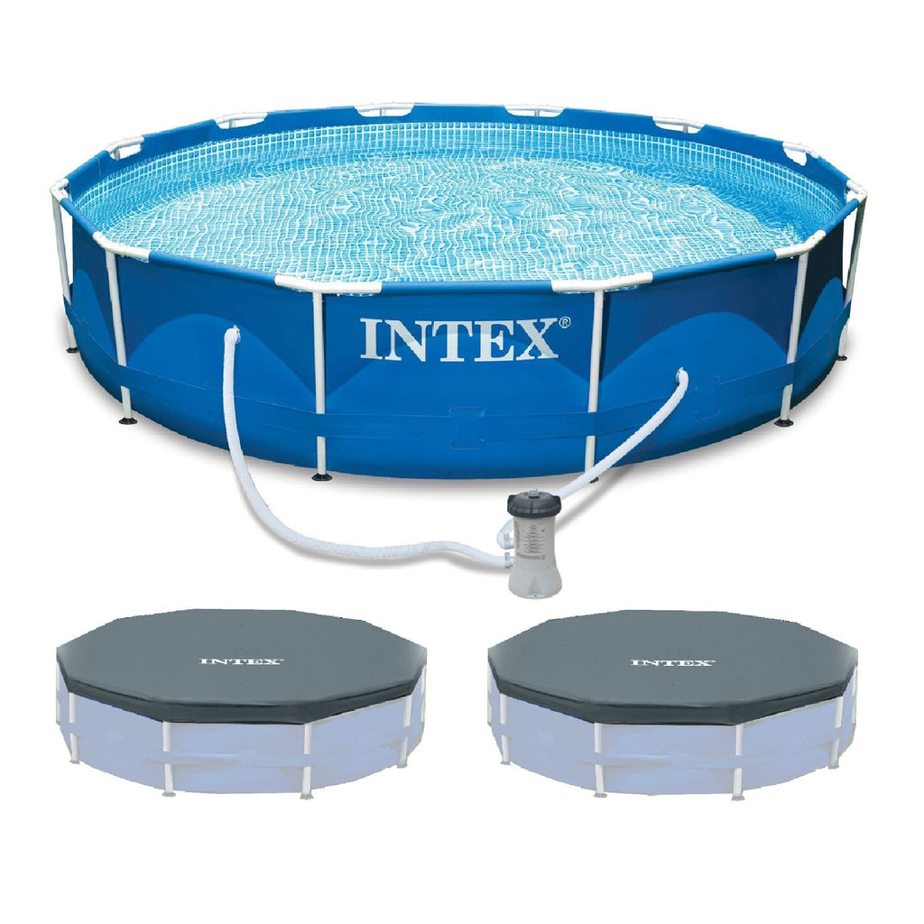 INTEX 12'x30" Metal Frame Swimming Pool with Filter Pump & Pool Cover (2-Pack) image 0