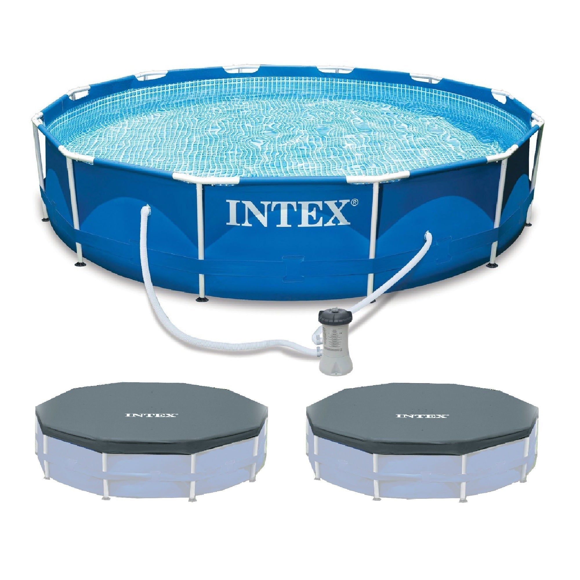 INTEX 12'x30" Metal Frame Swimming Pool with Filter Pump & Pool Cover (2-Pack) image 0