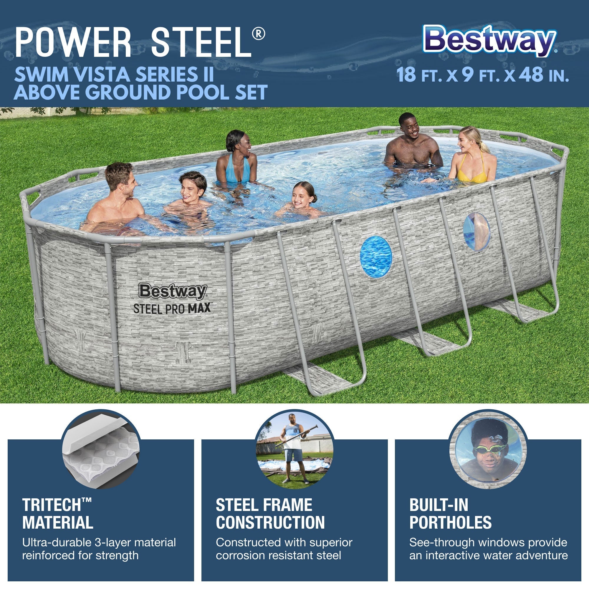 Bestway Power Steel Swim Vista 18' x 9' x 48" Above Ground Swimming Pool Set image 2